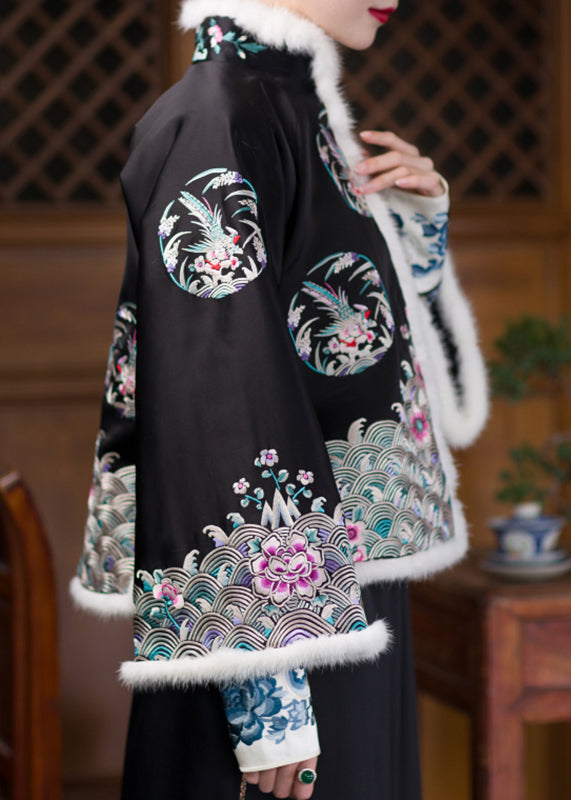 Vintage Black Stand Collar Embroideried Floral Silk Thick Parka Long Sleeve