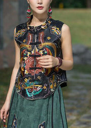 Vintage Black Stand Collar Embroideried Patchwork Silk Vest Sleeveless