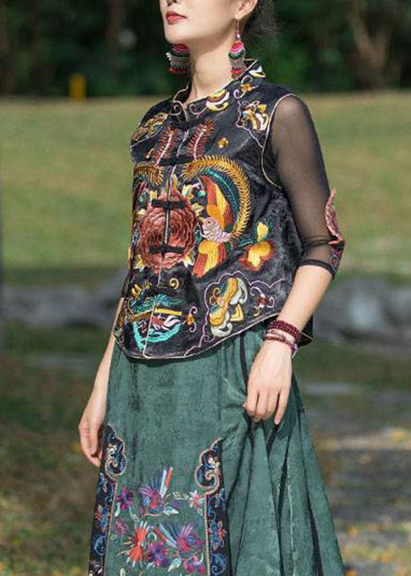 Vintage Black Stand Collar Embroideried Patchwork Silk Vest Sleeveless