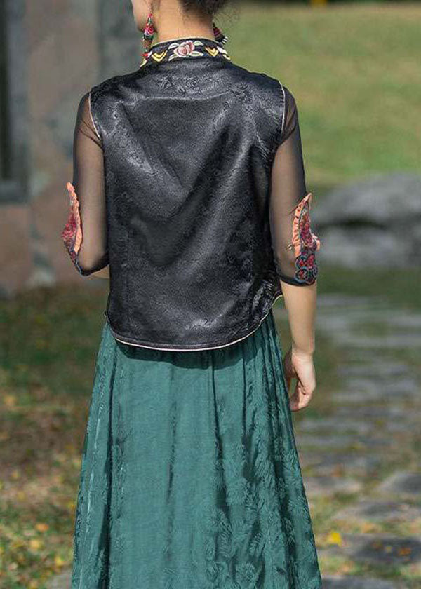 Vintage Black Stand Collar Embroideried Patchwork Silk Vest Sleeveless