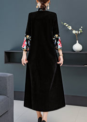 Vintage Black Stand Collar Embroideried Patchwork Velour Dress Fall