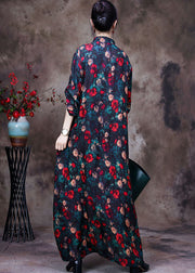 Vintage Black Stand Collar Floral Print Side Open Silk Long Dresses Long Sleeve