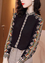 Vintage Black Stand Collar Print Chiffon Shirt Top Long Sleeve