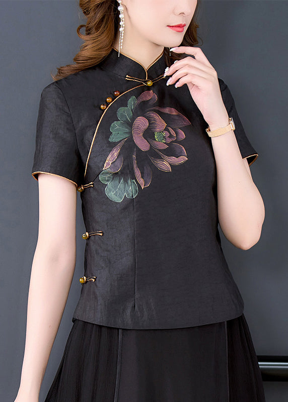 Vintage Black Stand Collar Print Chinese Button Silk Shirt Tops Summer