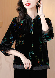 Vintage Black Stand Collar Print Silk Velour Shirts Spring