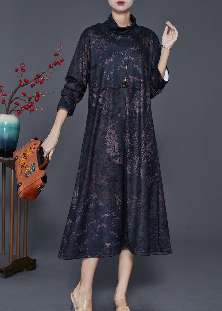 Vintage Black Stand Collar Print Warm Fleece Long Dress Winter