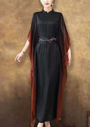 Vintage Black Stand Collar Sashes Silk Vacation Dresses Batwing Sleeve