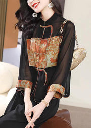 Vintage Black Stand Collar Tasseled Patchwork Chiffon Shirt Top Fall