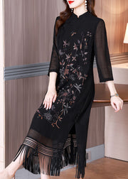 Vintage Black Tasseled Embroidered Silk Long Dresses Bracelet Sleeve