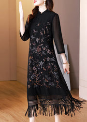Vintage Black Tasseled Embroidered Silk Long Dresses Bracelet Sleeve