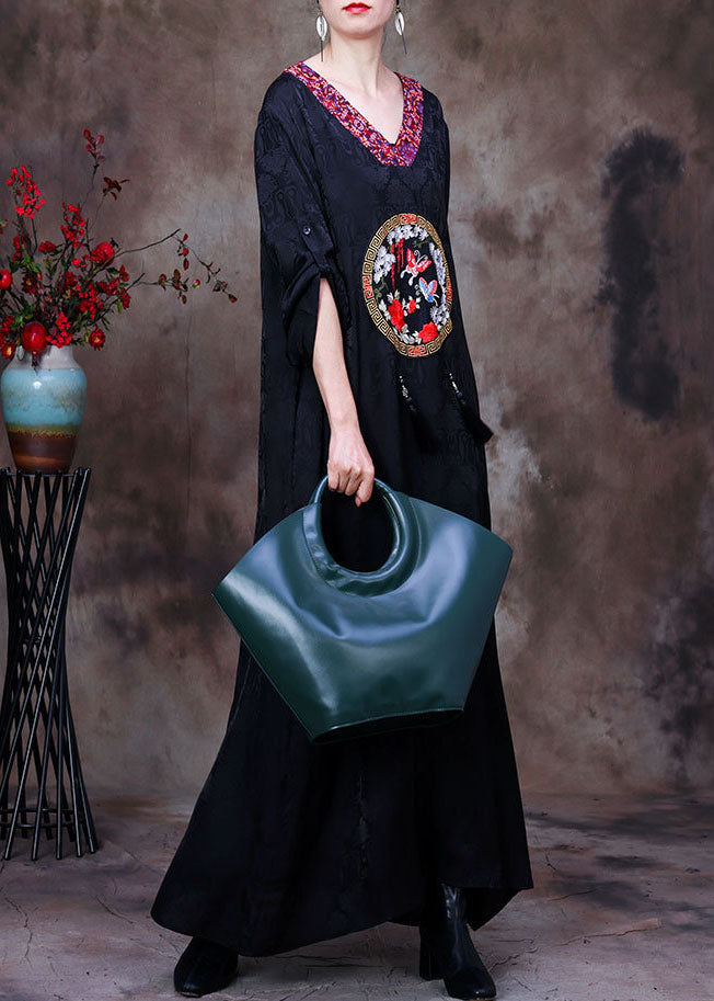 Vintage Black V Neck Butterfly Embroideried Tassel Silk Long Dresses Long Sleeve