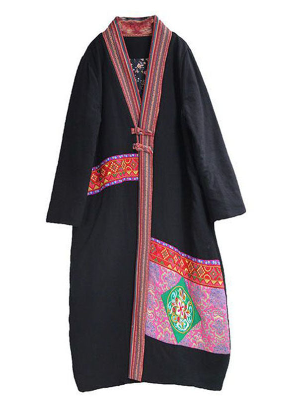 Vintage Black V Neck Embroideried Patchwork Applique Fine Cotton Filled Long Coats Winter