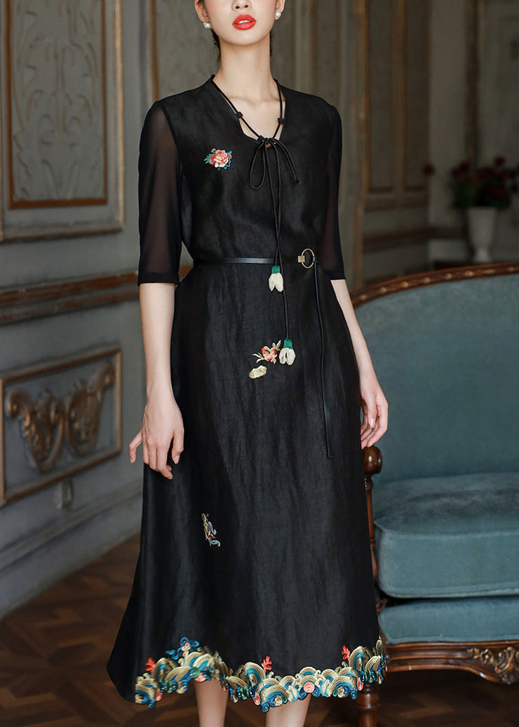 Vintage Black V Neck Embroideried Patchwork Silk Dress Summer