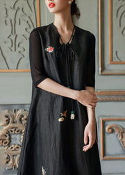 Vintage Black V Neck Embroidered Patchwork Silk Dress Summer