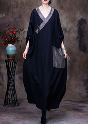 Vintage Black V Neck Patchwork Pocket Wrinkled Silk Dress Long Sleeve