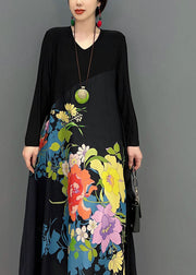 Vintage Black V Neck Patchwork Print A Line Dress Spring