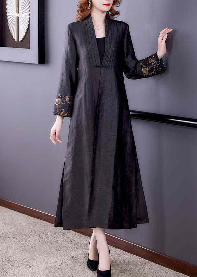 Vintage Black V Neck Patchwork Side Open Silk Trench Coats Fall