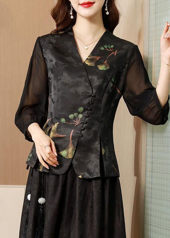 Vintage Black V Neck Patchwork Slim Fit Silk Two Pieces Set Half Sleeve