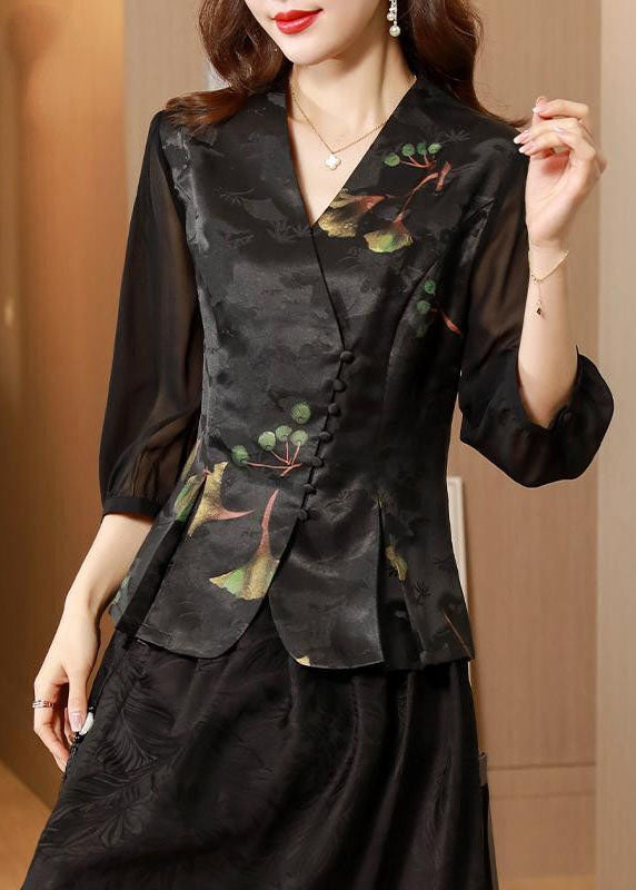 Vintage Black V Neck Patchwork Slim Fit Silk Two Pieces Set Half Sleeve