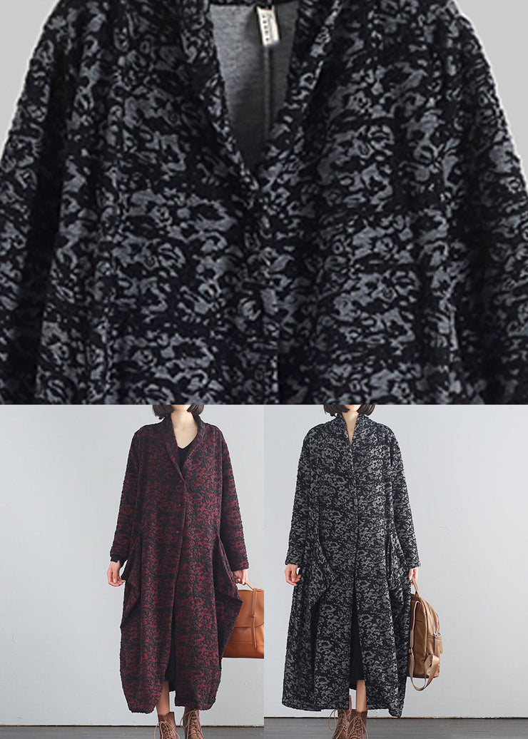 Vintage Black V Neck Print Button Trench Coats Fall