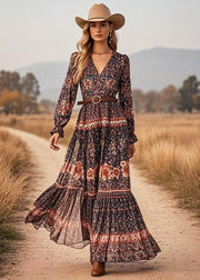 Vintage Black V Neck Print Long Dresses Spring