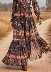 Vintage Black V Neck Print Long Dresses Spring