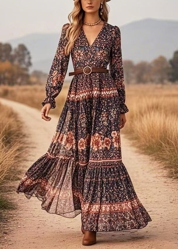 Vintage Black V Neck Print Long Dresses Spring