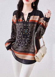 Vintage Black V Neck Print Patchwork Chiffon Blouses Long Sleeve