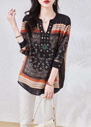 Vintage Black V Neck Print Patchwork Chiffon Blouses Long Sleeve