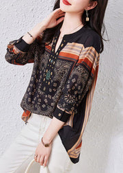 Vintage Black V Neck Print Patchwork Chiffon Blouses Long Sleeve