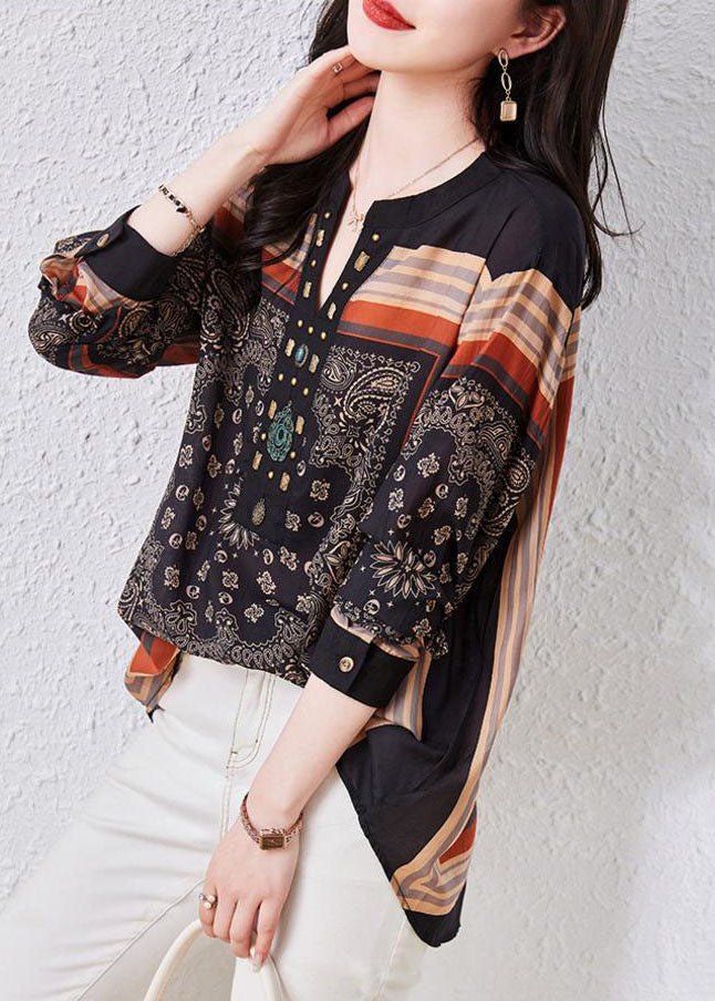 Vintage Black V Neck Print Patchwork Chiffon Blouses Long Sleeve