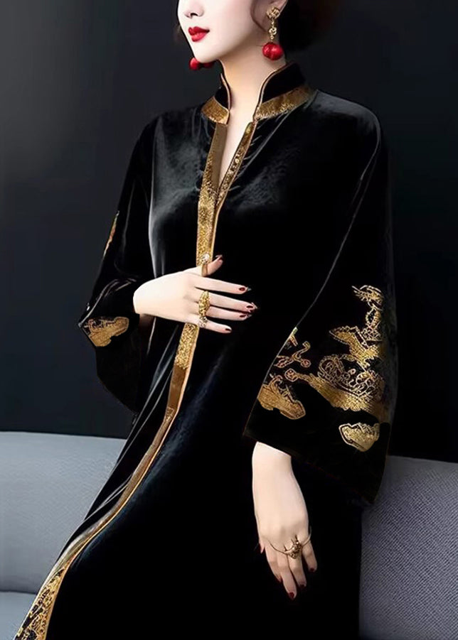 Vintage Black V Neck Print Patchwork Silk Velour Long Dresses Fall