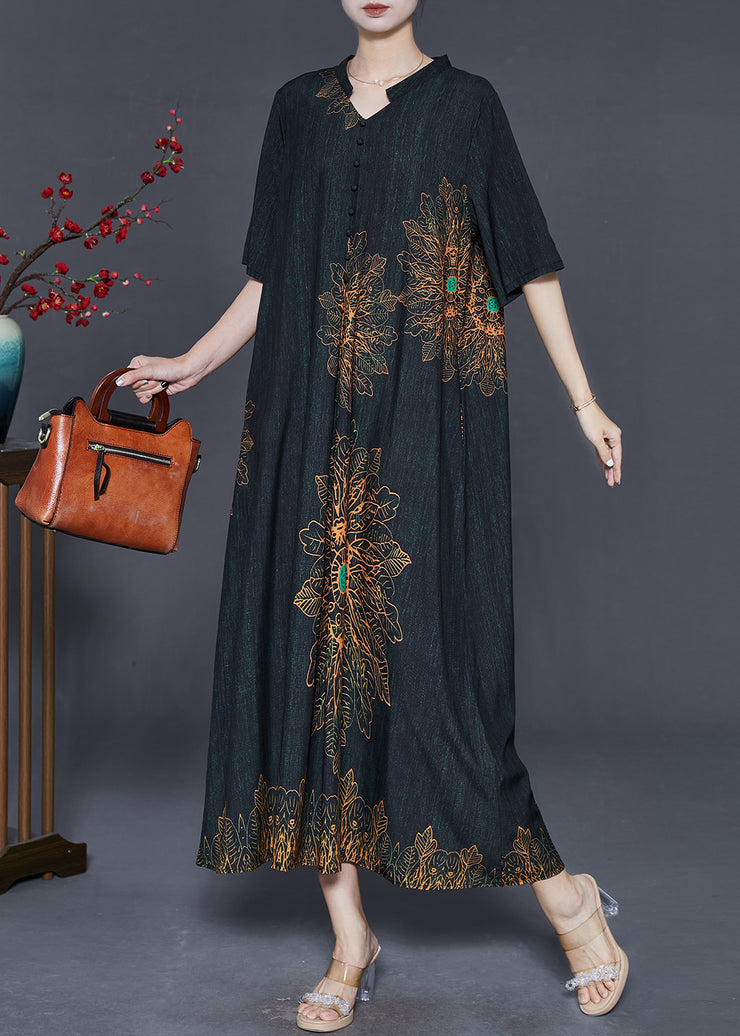 Vintage Black V Neck Print Silk Long Dresses Summer