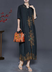 Vintage Black V Neck Print Silk Long Dresses Summer