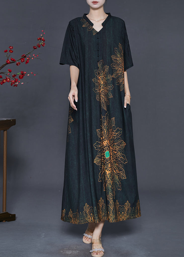 Vintage Black V Neck Print Silk Long Dresses Summer