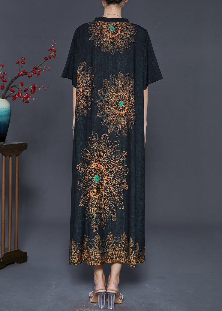 Vintage Black V Neck Print Silk Long Dresses Summer