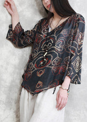 Vintage Black V Neck Print Tie Waist Linen Shirt Long Sleeve