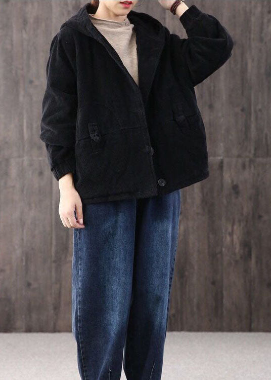 Vintage Black Warm Fine Cotton Filled Corduroy Hooded Coat Winter