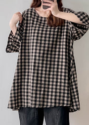 Vintage Black White Plaid Oversized Linen Long Tops Half Sleeve