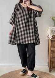 Vintage Black White Plaid Oversized Linen Long Tops Half Sleeve