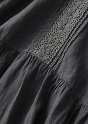 Vintage Black Wrinkled Embroideried Patchwork Linen Dress Summer