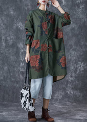 Vintage Blackish Green Print Chinese Button Linen Long Shirts Fall