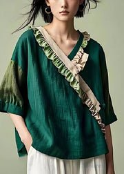 Vintage Blackish Green Ruffled Patchwork Linen Top Summer