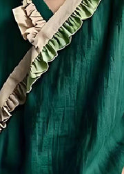 Vintage Blackish Green Ruffled Patchwork Linen Top Summer