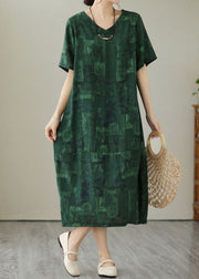 Vintage Blackish Green V Neck Print Patchwork Cotton Dress Summer