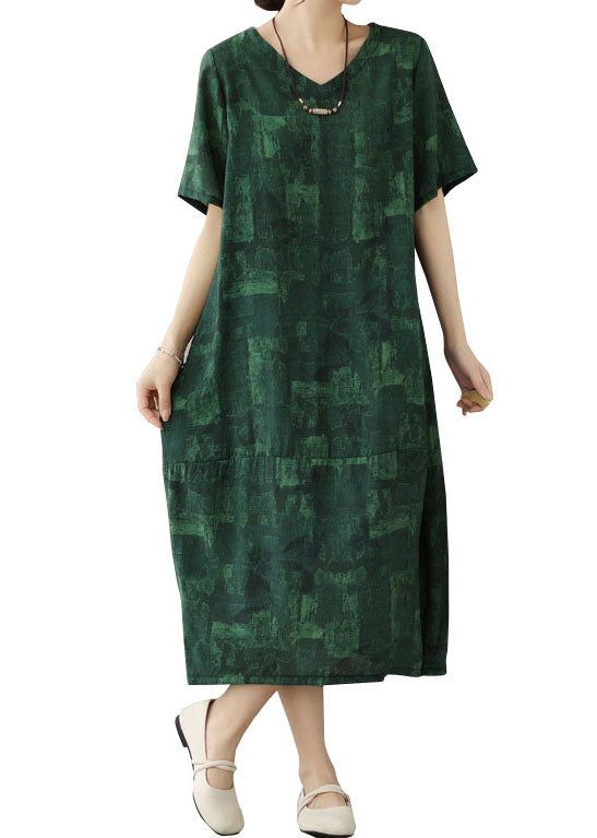 Vintage Blackish Green V Neck Print Patchwork Cotton Dress Summer