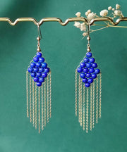 Vintage Blue 14K Gold Gem Stone Tassel Drop Earrings