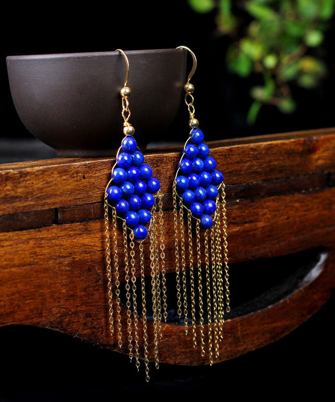 Vintage Blue 14K Gold Gem Stone Tassel Drop Earrings