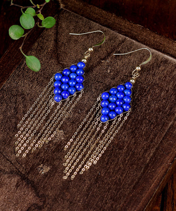 Vintage Blue 14K Gold Gem Stone Tassel Drop Earrings