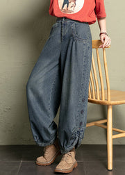 Vintage Blue Button Pockets Elastic Waist jeans Spring